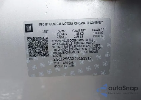 2018 Chevrolet Impala 2Lz z USA, uszkodzony, nr VIN 2G1125S3XJ9151317